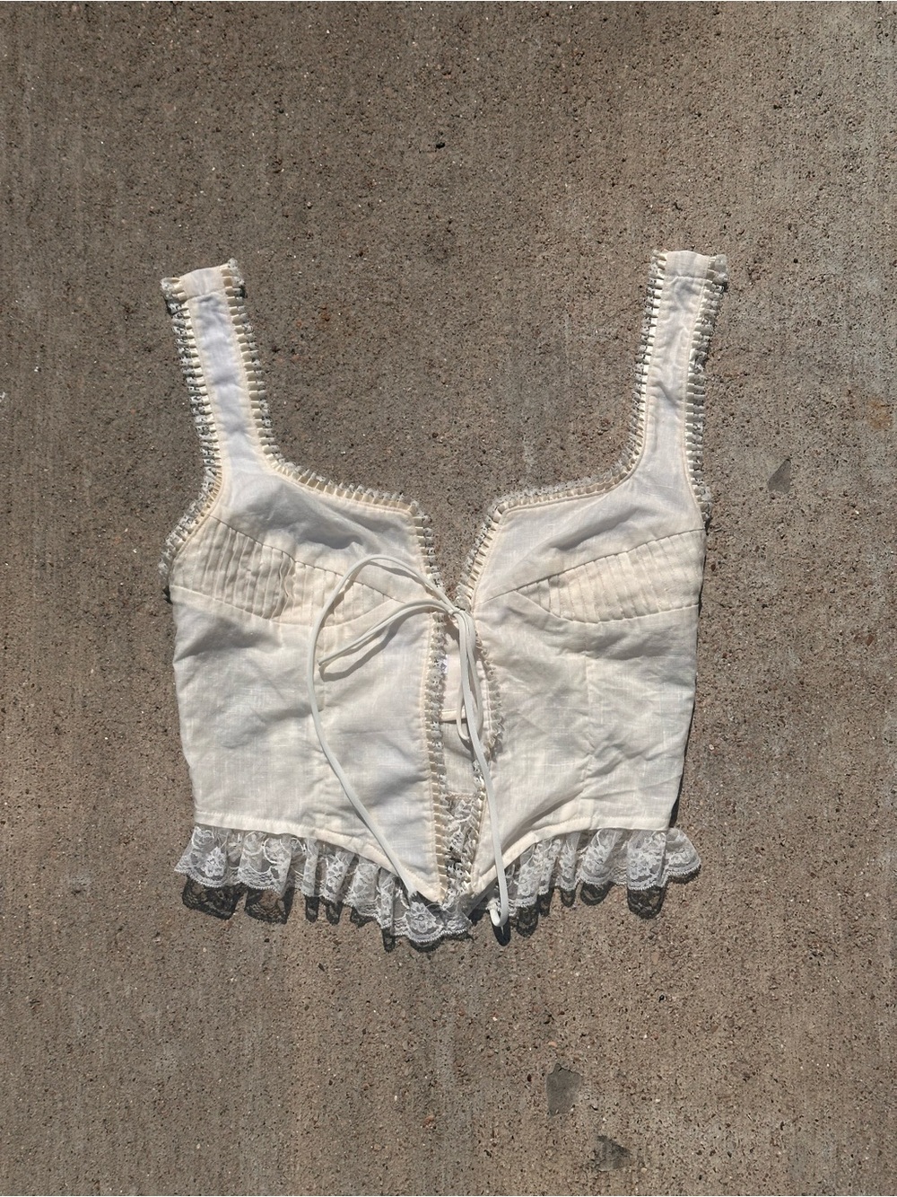 Fair Far Foutch “Renee Top” White Lace-Trim Corset Style Crop Top